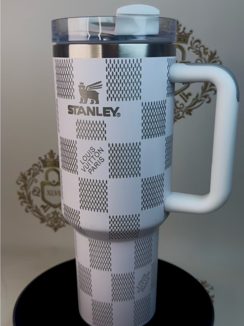 Stanley White and Silver Checkered Insulated Travel Tumbler with Handle